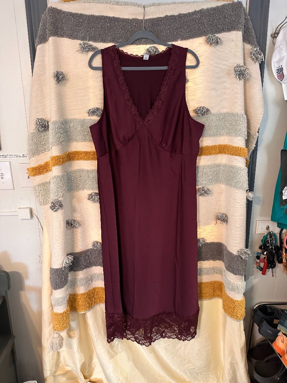 Old Navy Maroon Lace Trim V-Neck Slip Midi Dress Burgundy - Size XXL